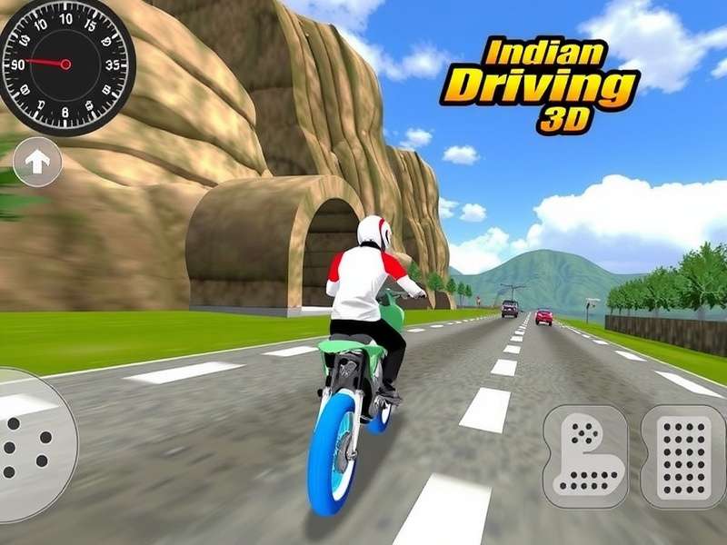 Indian Bike Driving 3D गेम में बाइक चलाते हुए खिलाड़ी - भारतीय सड़क दृश्य