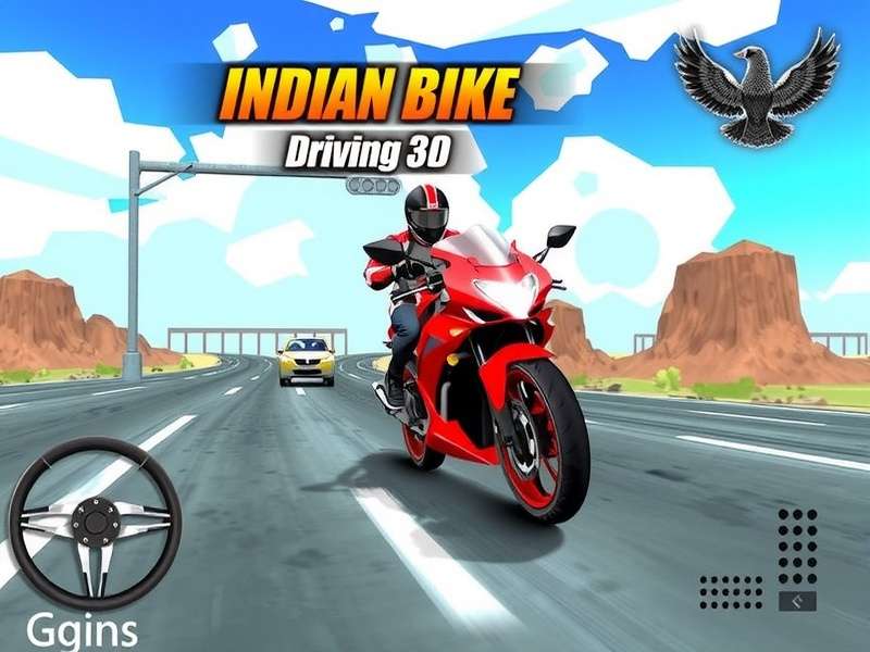 Indian Bike Driving 3D gameplay screenshot showing a bike on a busy Indian street