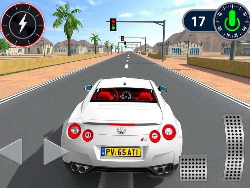 Gameplay screenshot of Indian Car Simulator 3D showing a red car driving through a detailed Indian city market