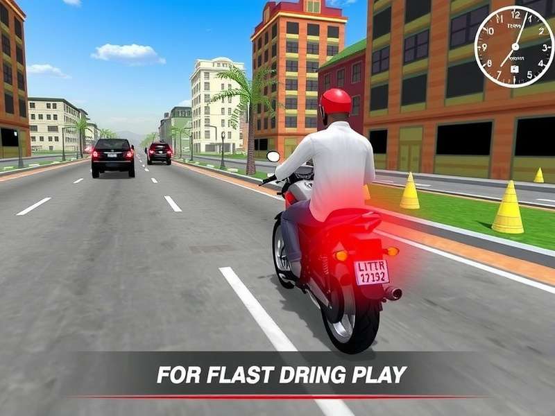 Indian Bike Driving 3D gameplay screenshot showing a biker on a busy Indian street with trucks and auto-rickshaws
