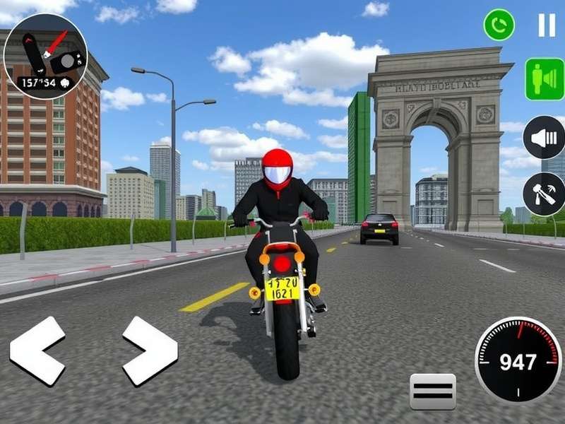 Indian Bike Driving 3D gameplay screenshot showing bike on a busy Indian road with traffic and buildings